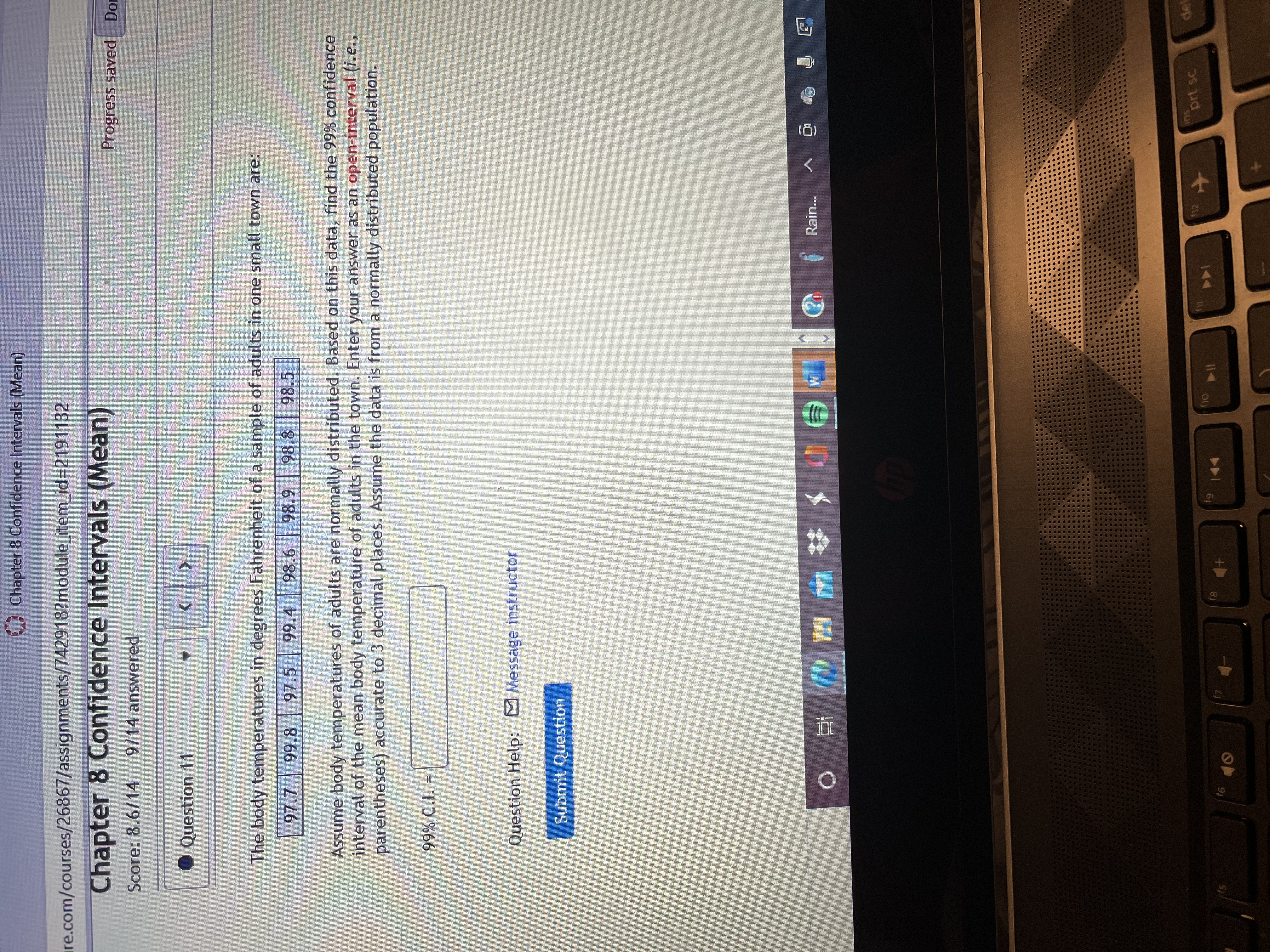 the mean body temperature of adults in the town. Enter your answer