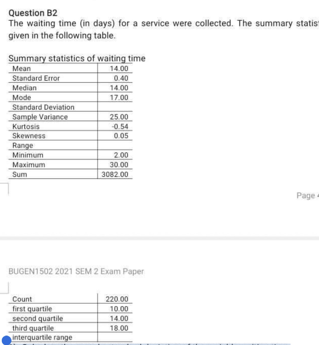 1) Calculate the sample standard deviation of the variable waiting time.The value