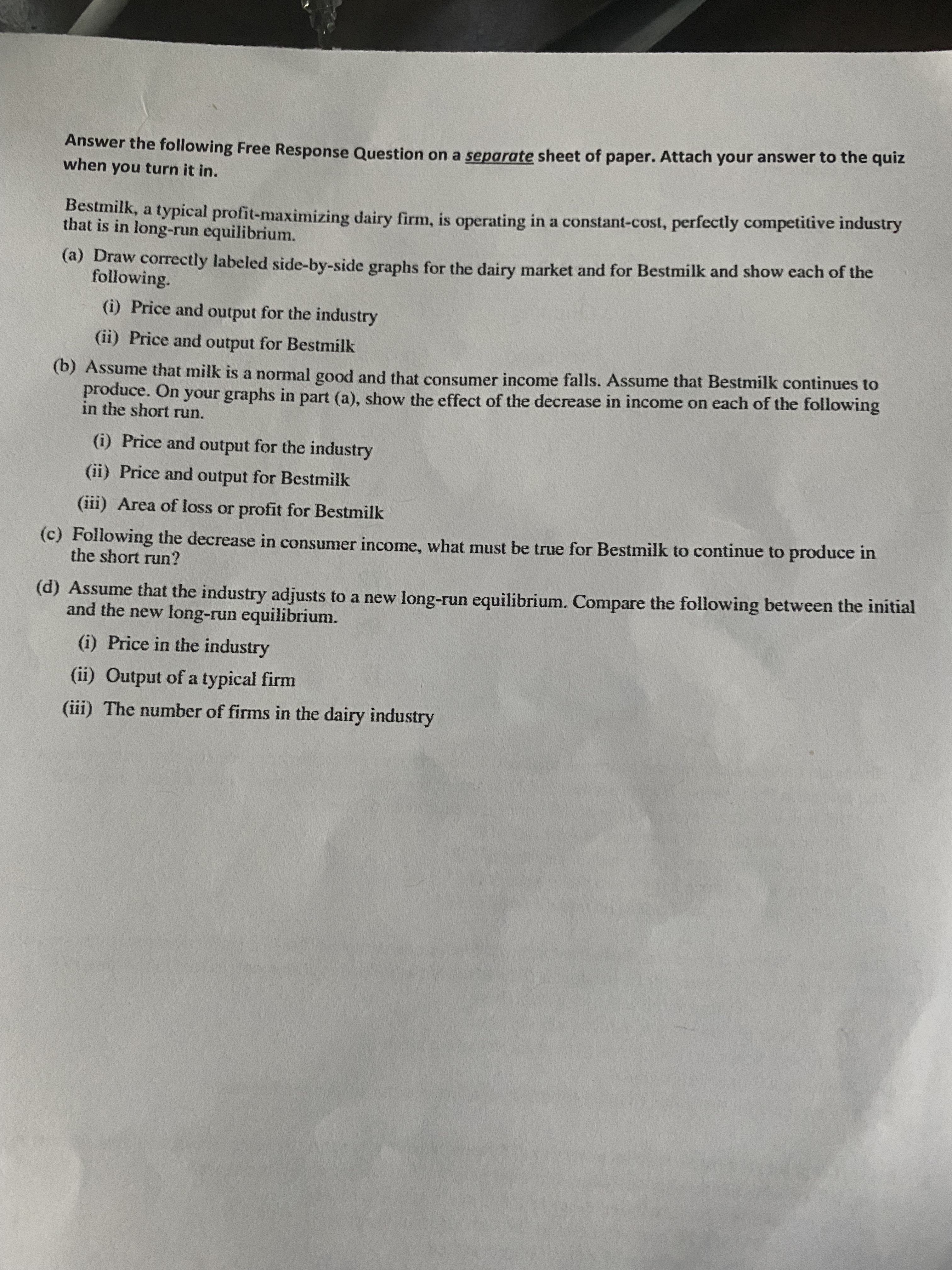 Answer the following Free Response Question on a separate sheet of