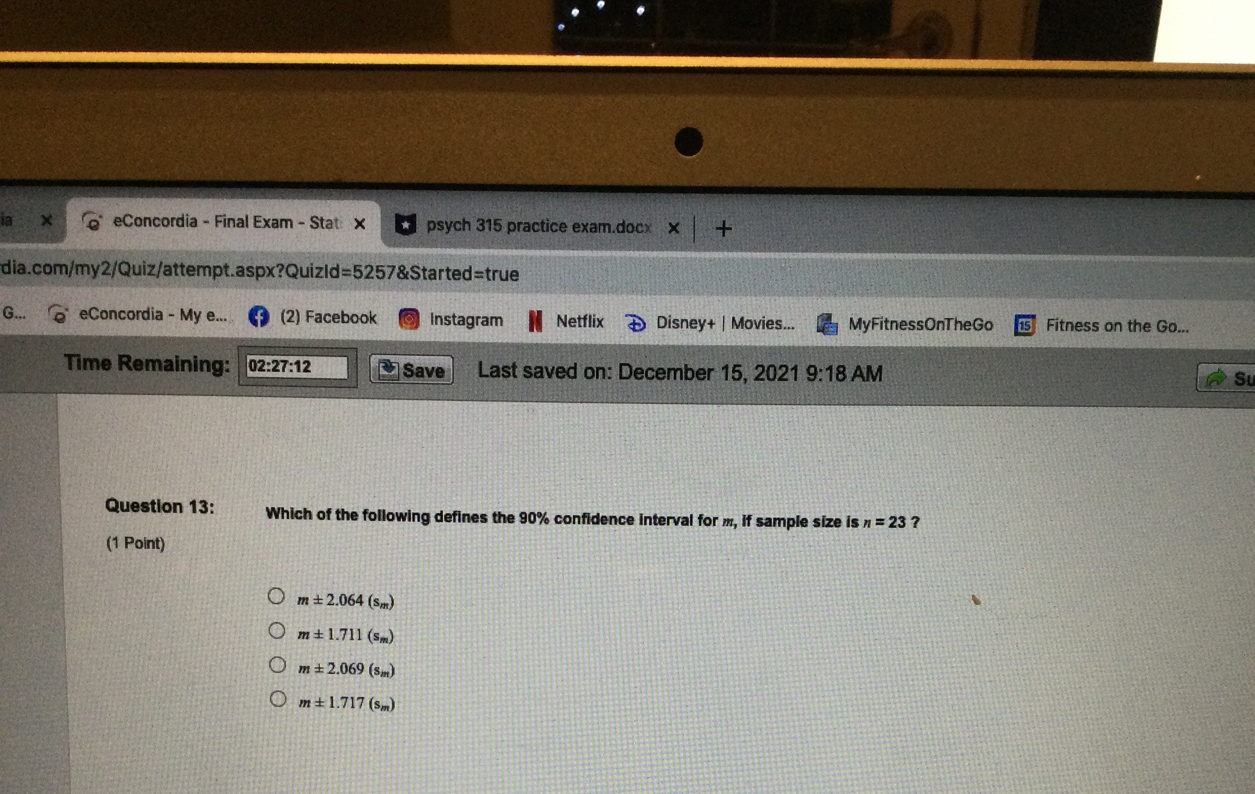 X ' eConcordia - Final Exam - Stat x * psych