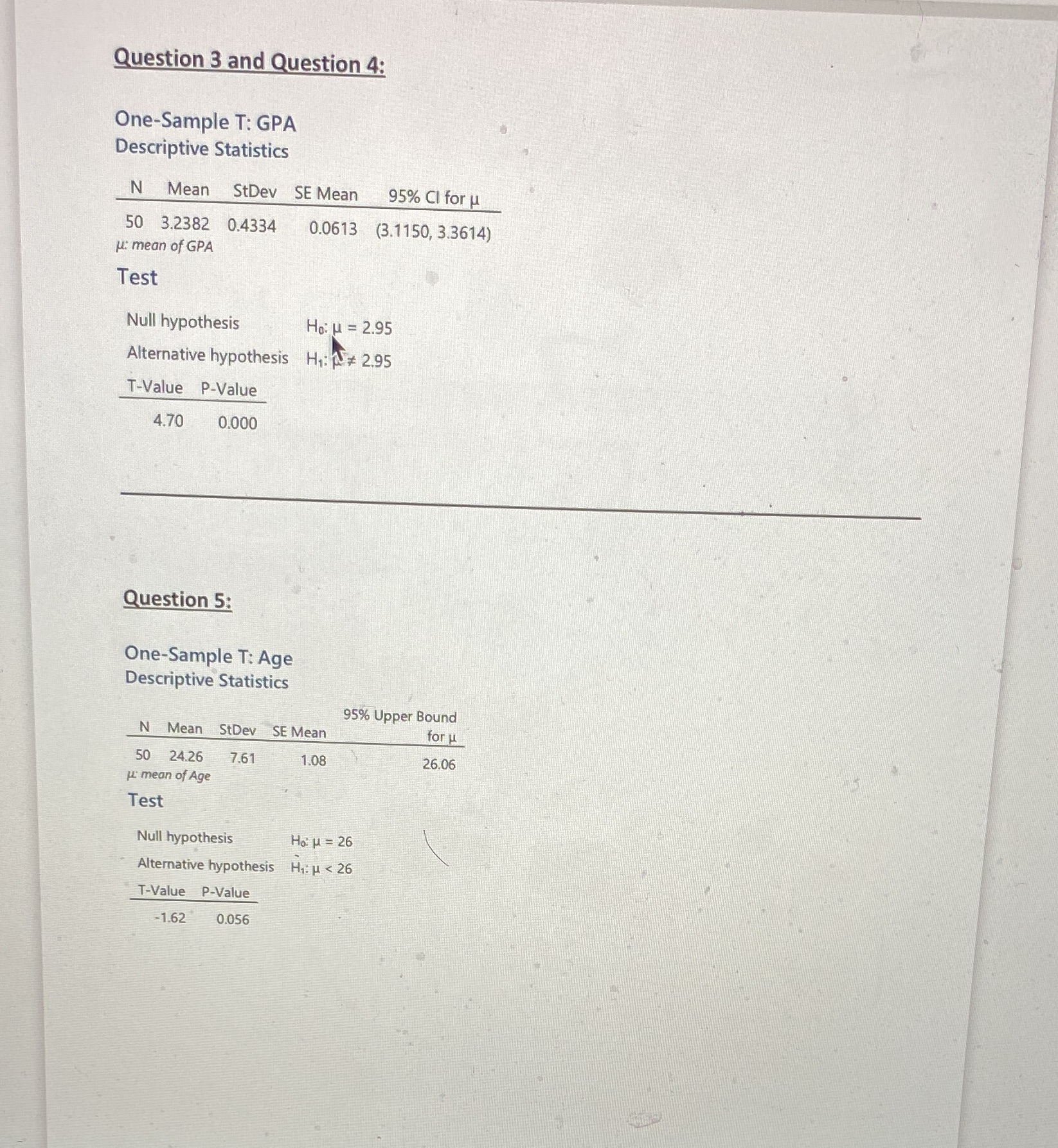 Help please Question 3 and Question 4: One-Sample T: GPA Descriptive Statistics
