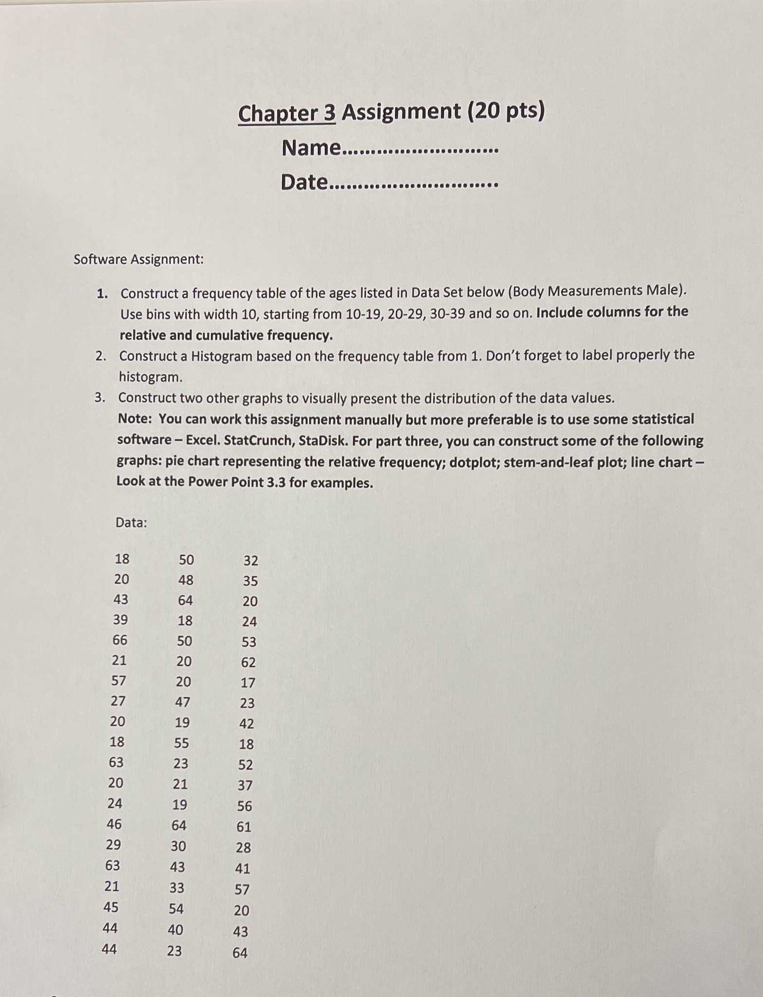  Chapter 3 Assignment (20 pts) Software Assignment: 1. Construct a frequency