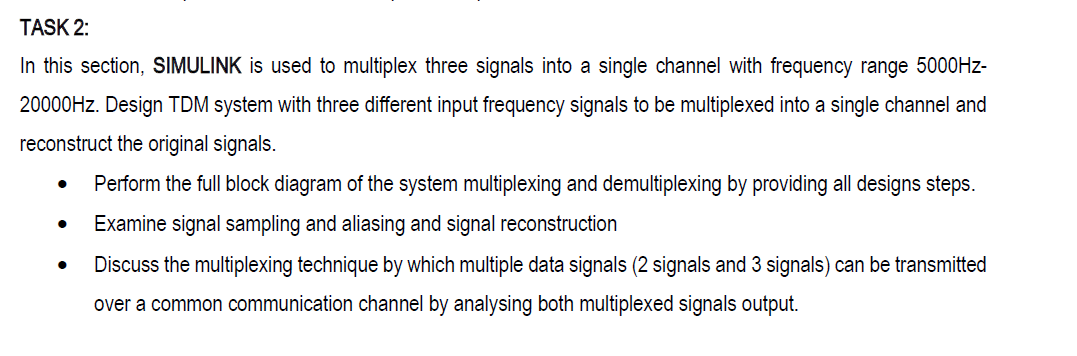 signals into a single channel with frequency range 5000Hz 20000Hz. Design TDM