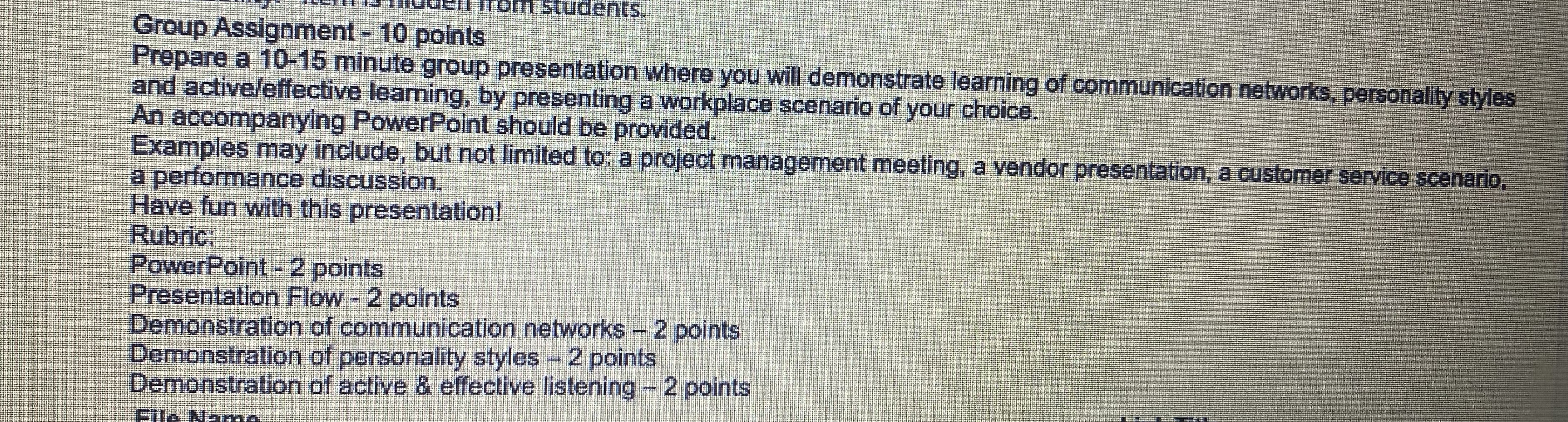 it from students. Group Assignment - 10 points Prepare a 10-15