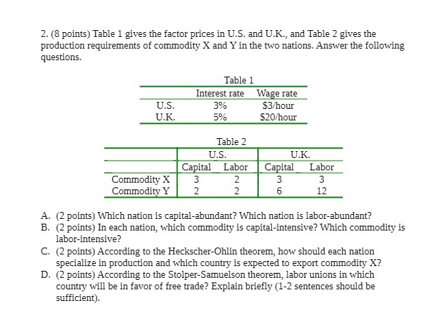 2. (8 points) Table 1 gives the factor prices in U.S.