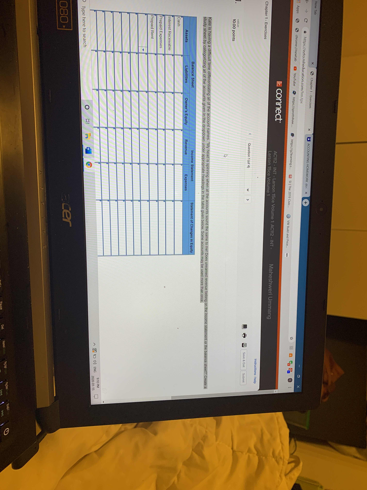  New Tab * Chapter 1 - Exercises C https://ezto.mheducation.com/hm.tpx ACCOUNTING HOMEWORK