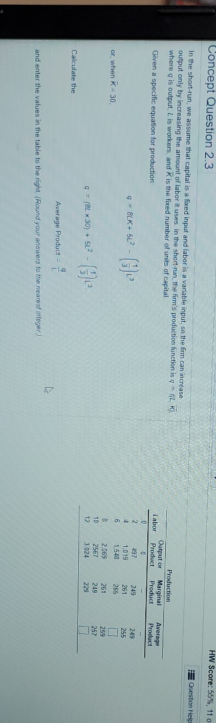 enter values on table to the right? HW Score: 55%, 11 0