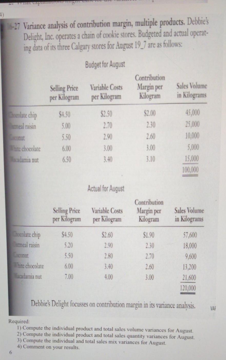 please help 16-27 Variance analysis of contribution margin, multiple products. Debbie's Delight,