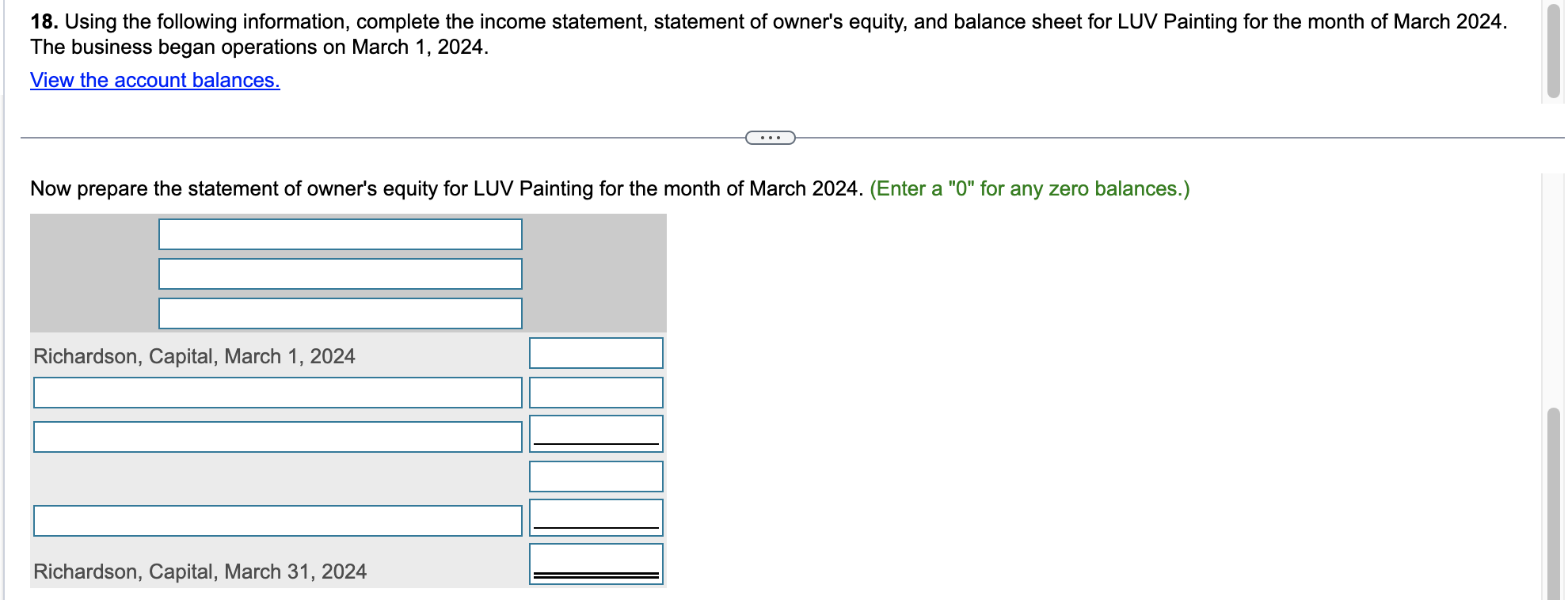 owner's equity, and balance sheet for LUV Painting for the month of
