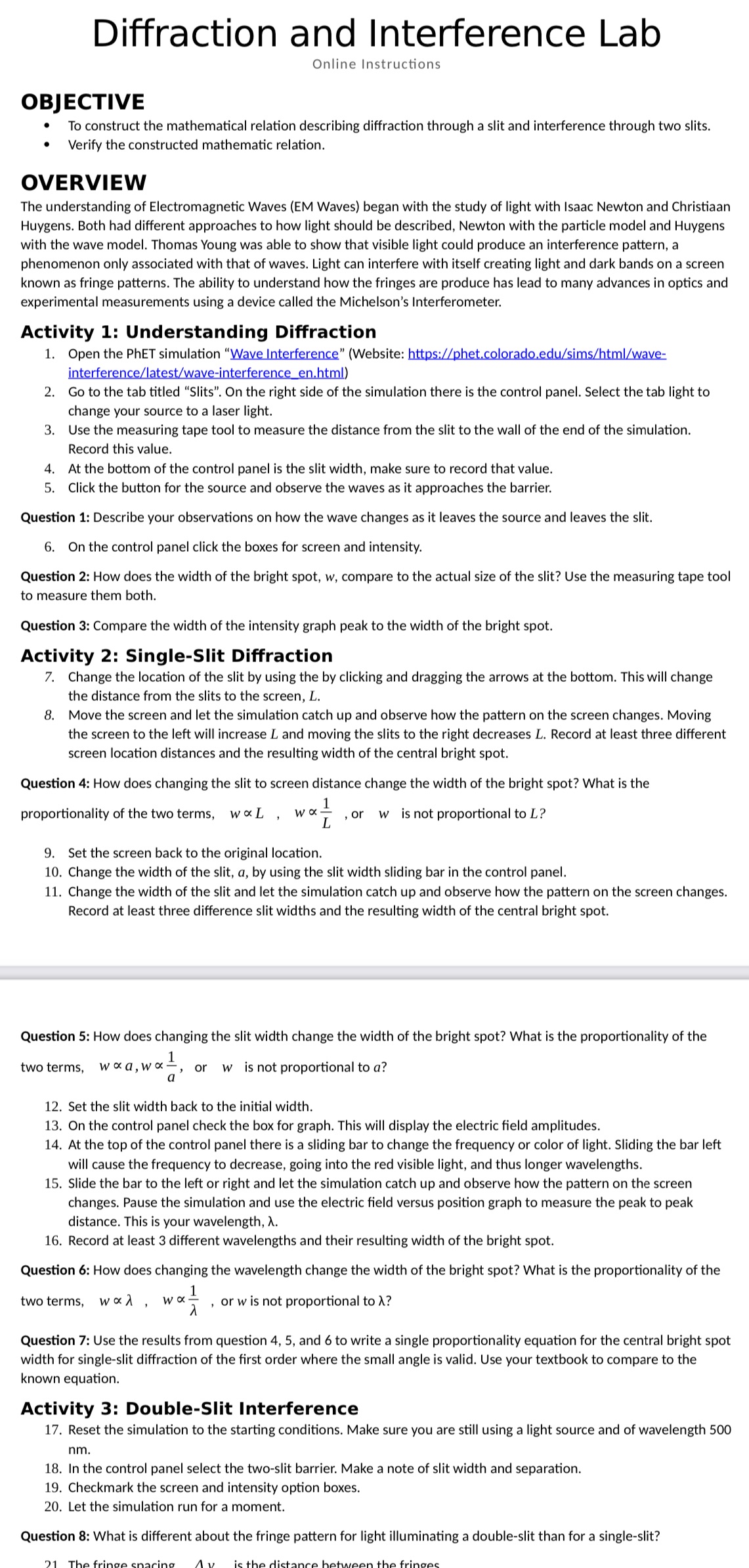  Diffraction and Interference Lab Online Instructions OBJECTIVE - To construct the