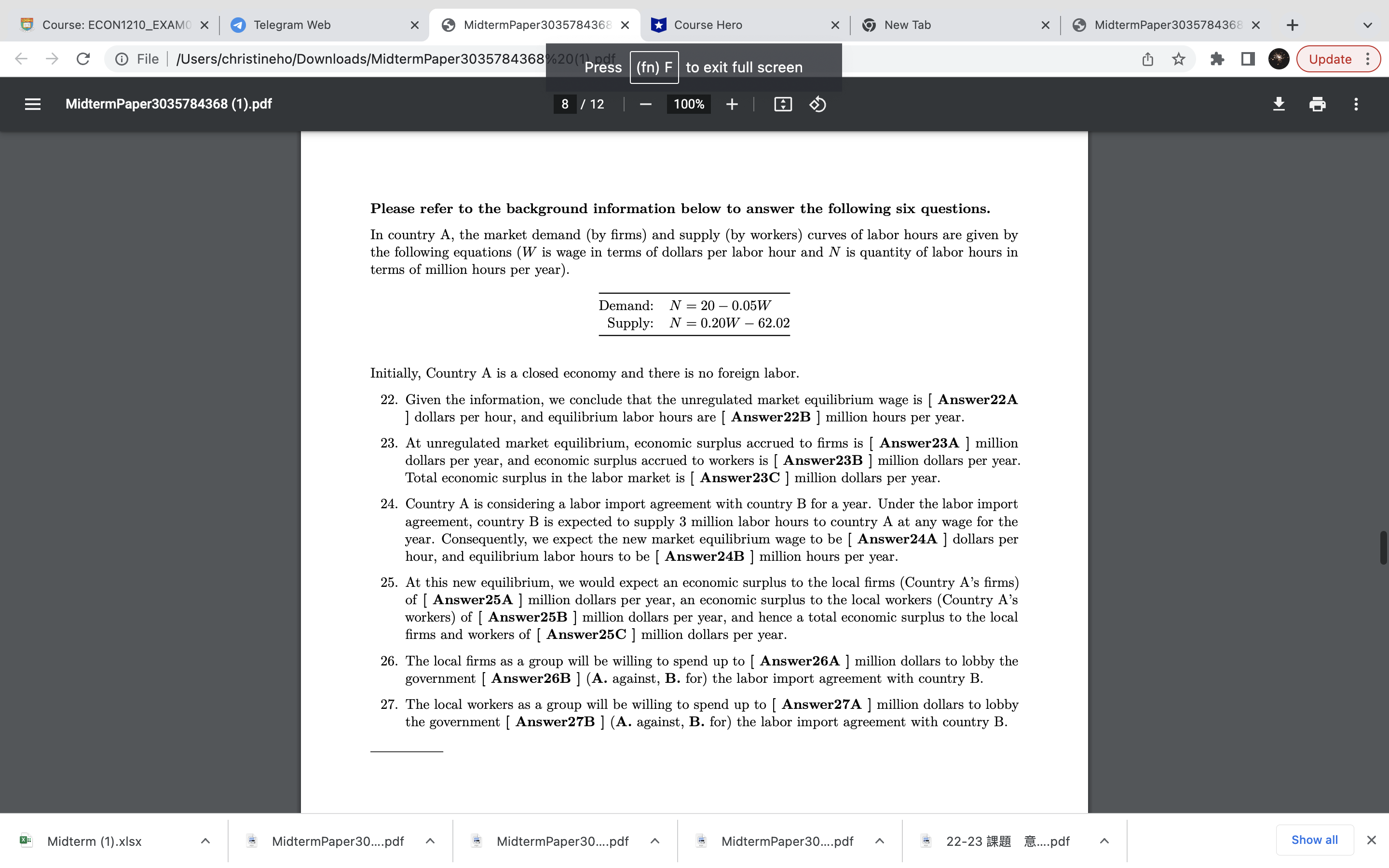  5) Course: ECON1210_EXAM X l O Telegram Web X e MidlermPaper303578436