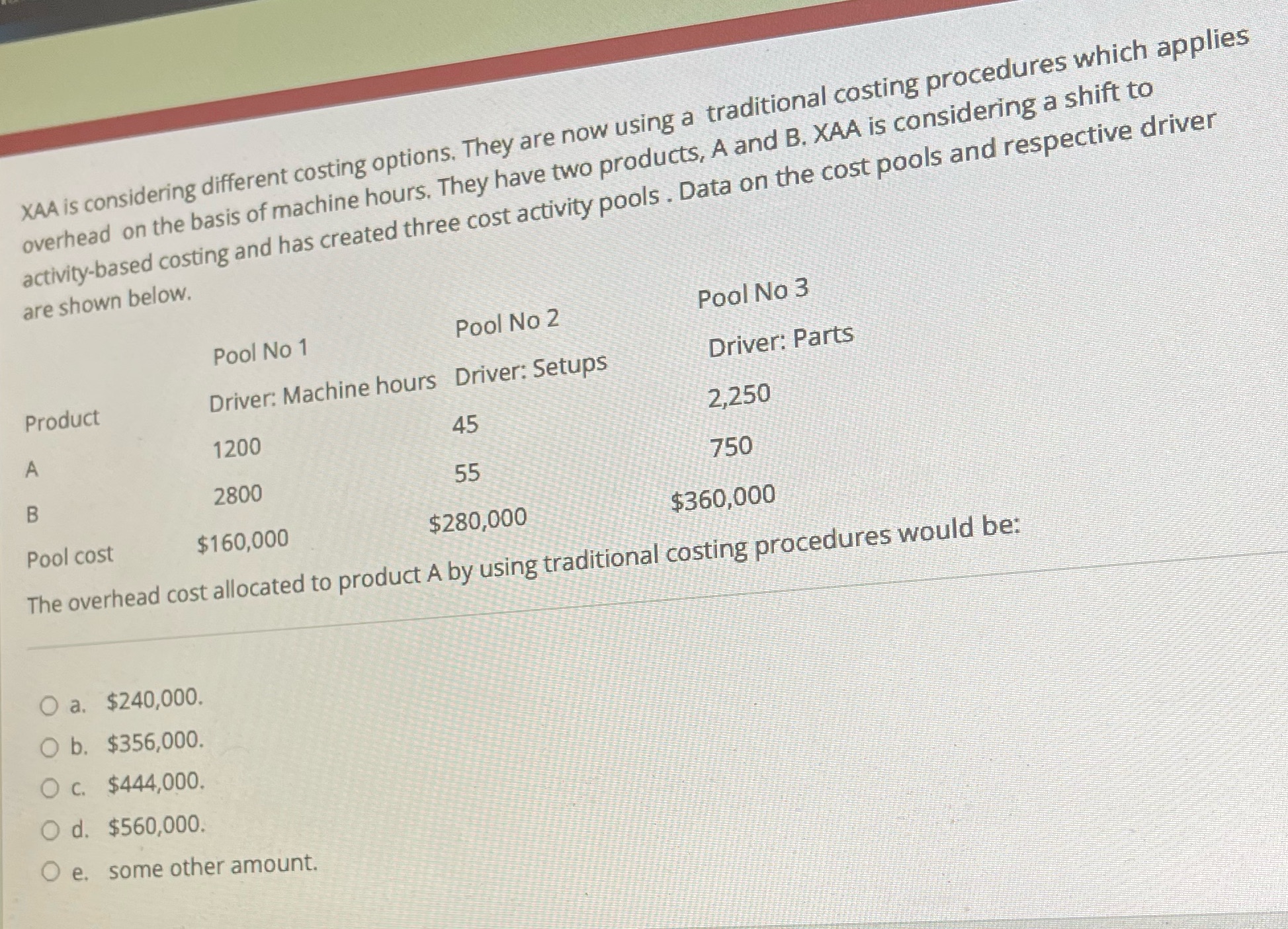  XAA is considering different costing options. They are now using a