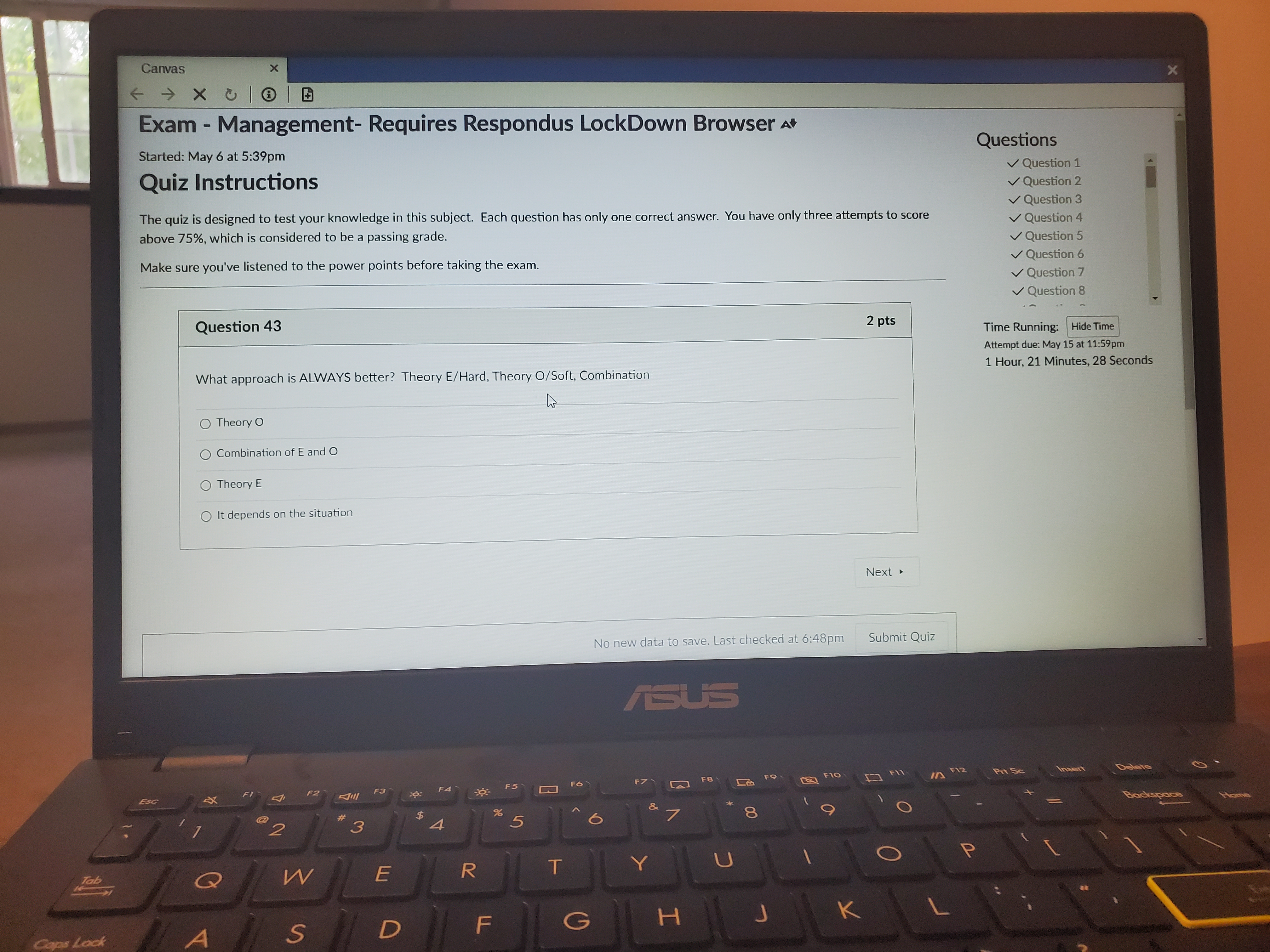  Canvas Exam - Management- Requires Respondus LockDown Browser Started: May 6