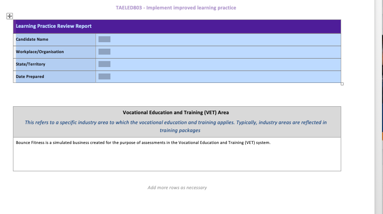 Name Workplace/Organisation State/Territory Date Prepared Vocational Education and Training (VET) Area This