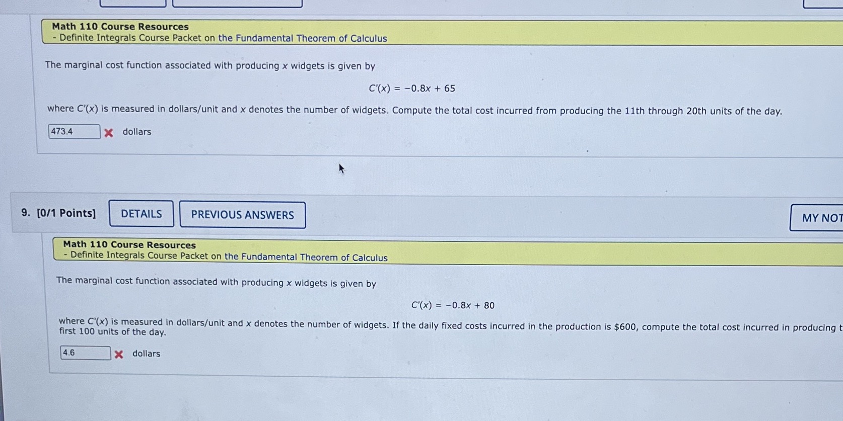  Math 110 Course Resources - Definite Integrals Course Packet on the