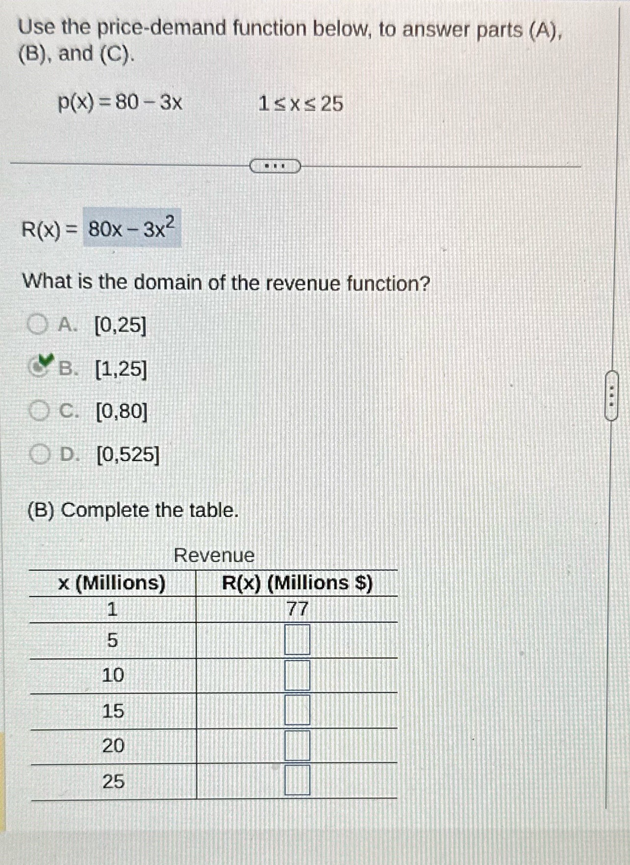 Use the price-demand function below, to answer parts (A), (B), and