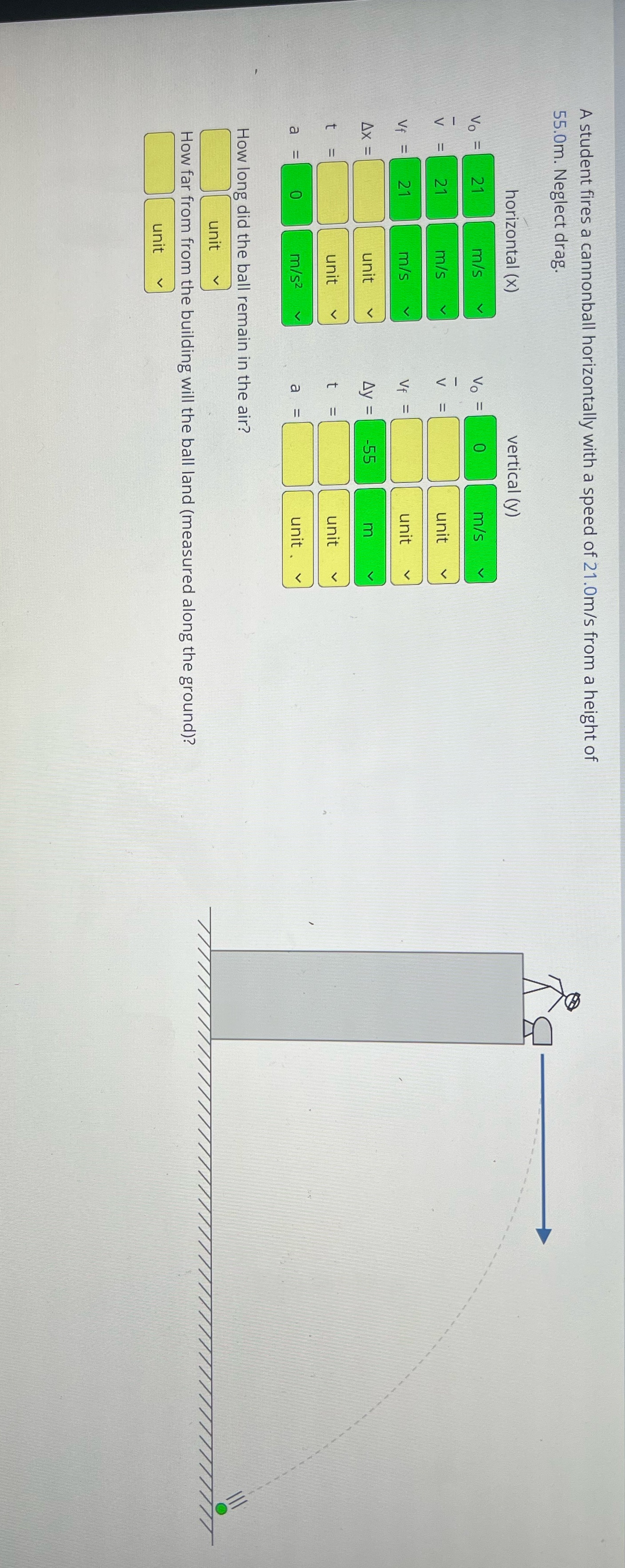 Please help me solve A student fires a cannonball horizontally with a