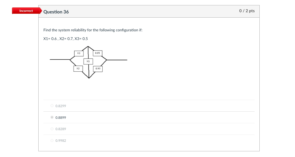 Incorrect Question 36 0 / 2 pts Find the system reliability