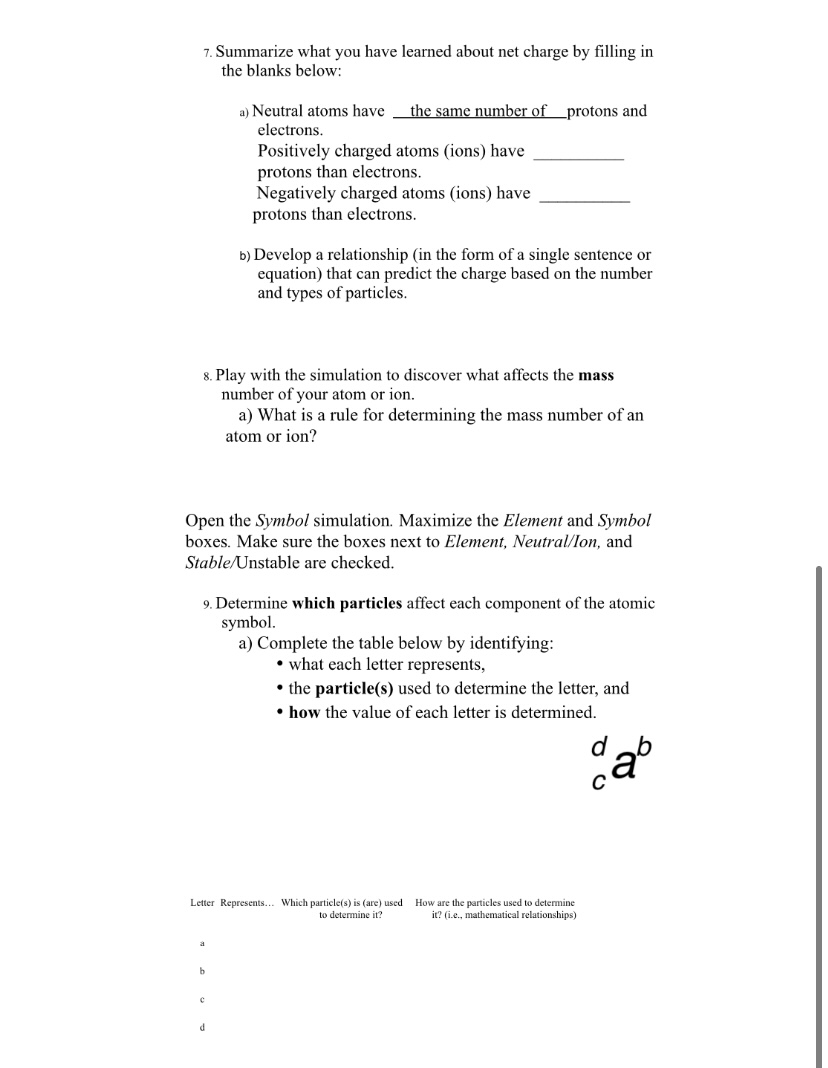 protons and electrons. Positively charged atoms (ions) have protons than electrons. Negatively