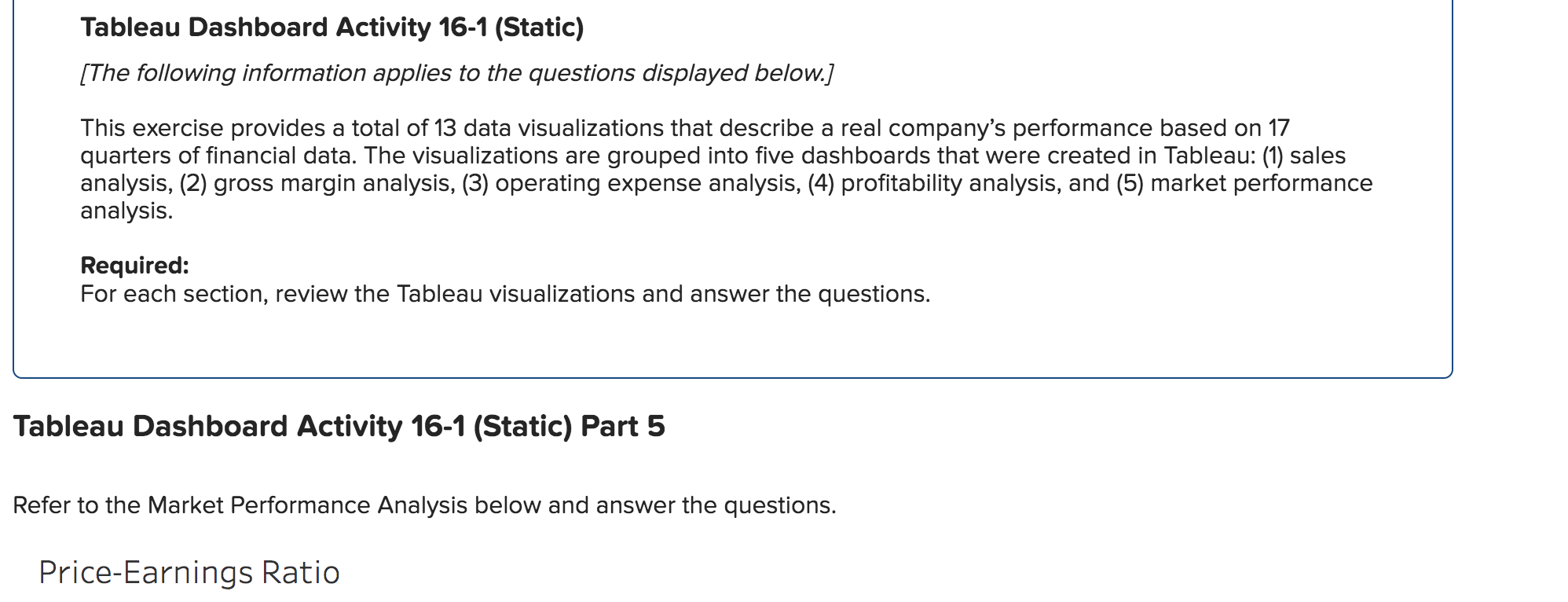17 quarters of financial data. The visualizations are grouped into ve dashboards
