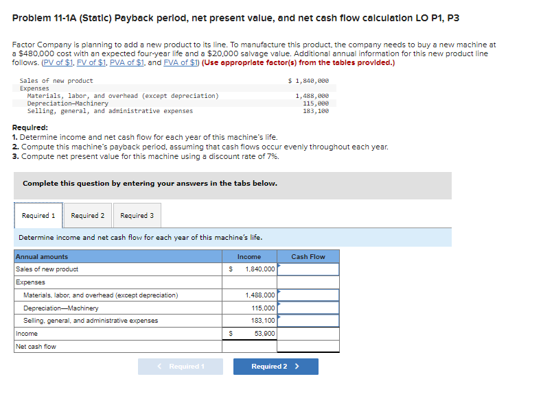  Problem 11-1A (Static) Payback period, net present value, and net cash