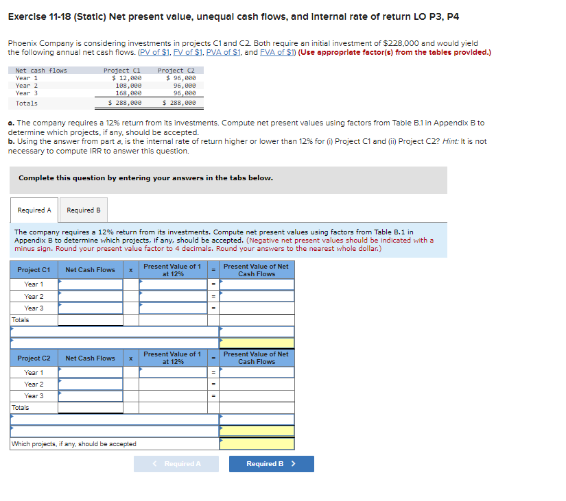 projects C1 and C2. Both require an initial investment of $228,000 and