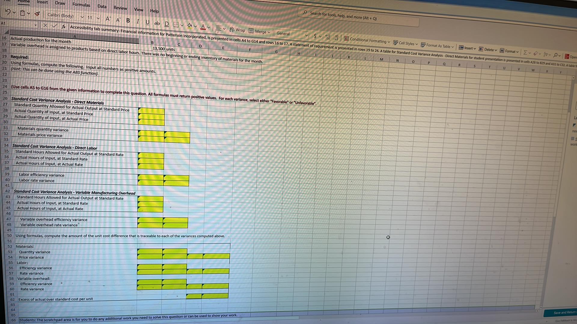 cells A4 to G14 and rows 16 to 17. A statement of