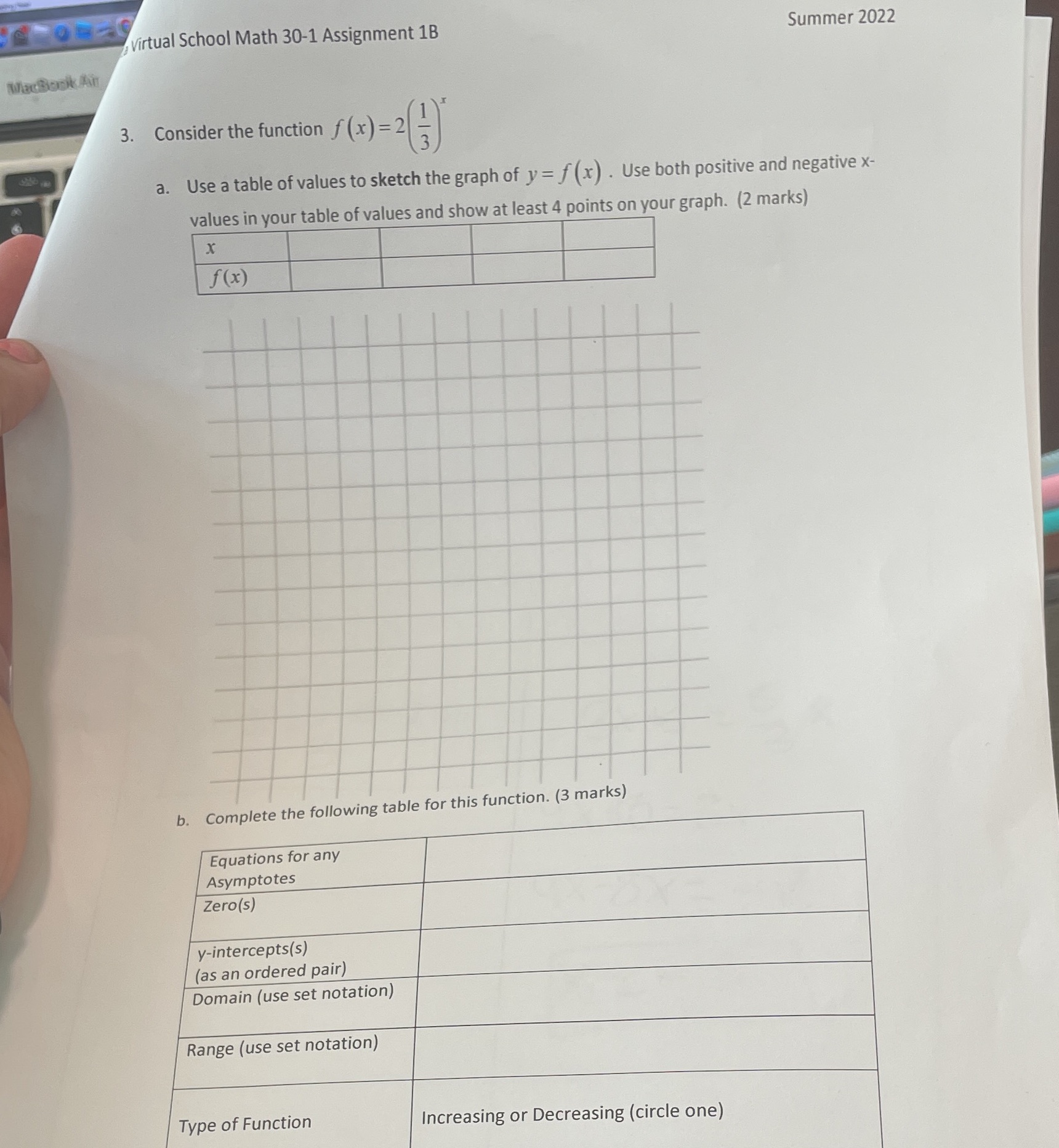  Virtual School Math 30-1 Assignment 1B Summer 2022 3. Consider the