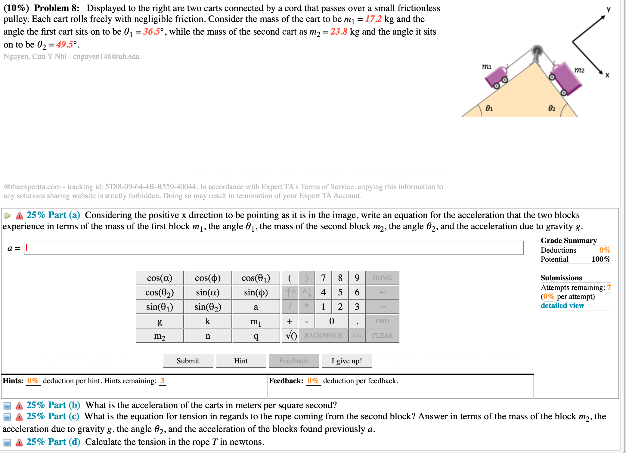 (10%) Problem 8: Displayed to the right are two carts connected