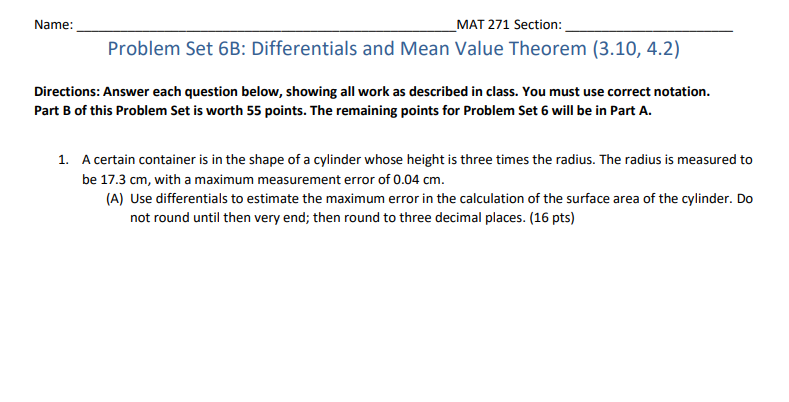 Name: MAT 2?1 Section: Problem Set BB: Differentials and Mean Value