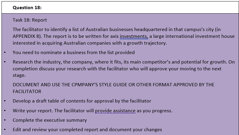 Question 18: Task 18: Report The facilitator to identify a list