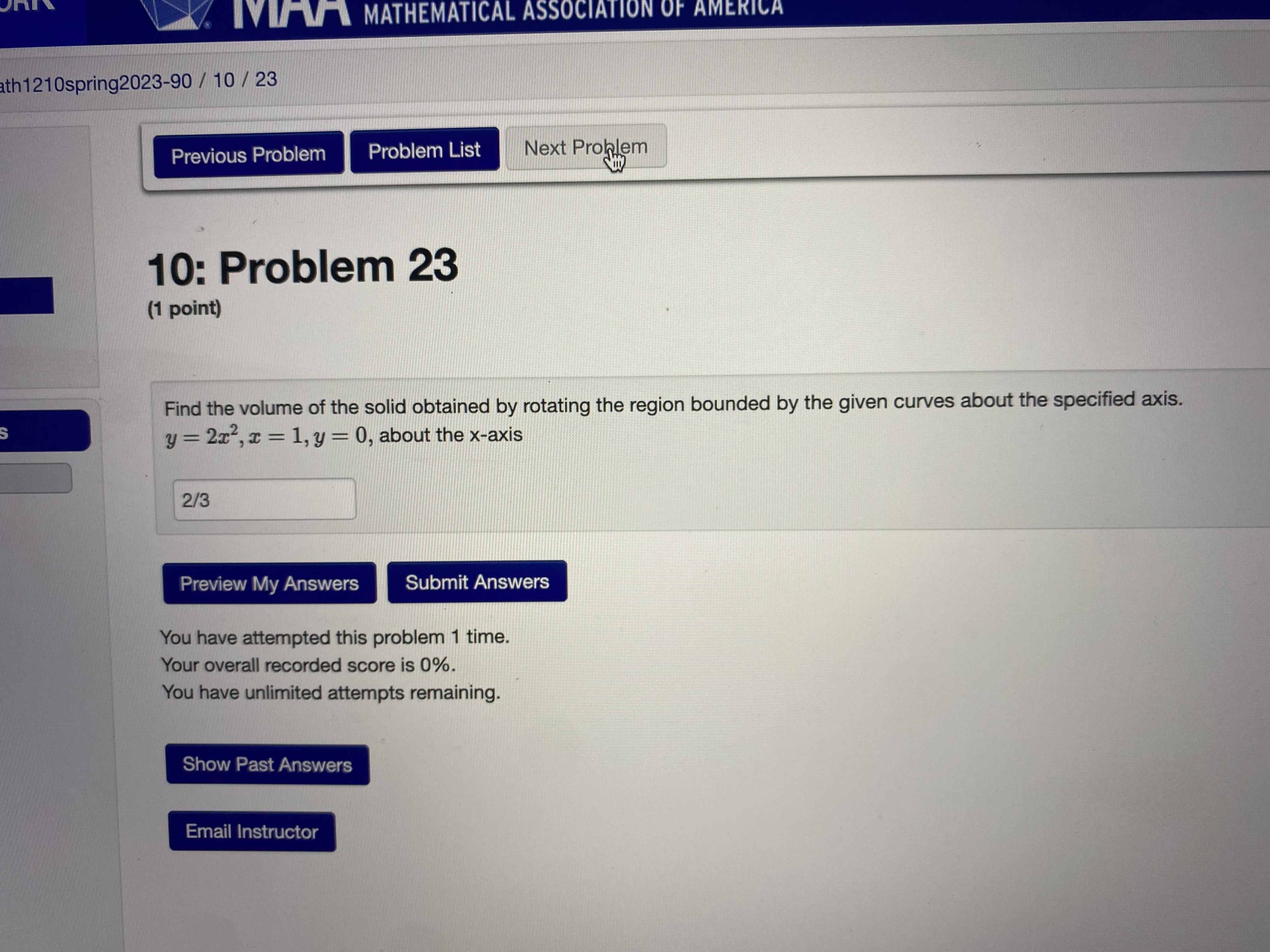 remaining. Show Past Answers Email InstructorLogged in as MAA MATHEMATICAL ASSOCIATION OF
