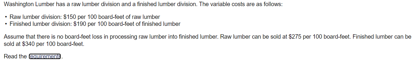 a finished lumber division. The variable costs are as follows: . Raw