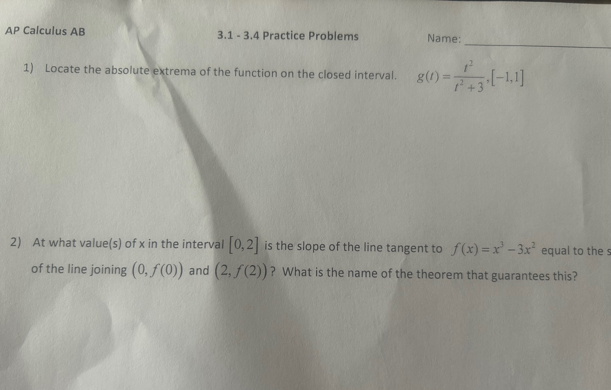 AP Calculus AB 3.1 - 3.4 Practice Problems Name: 1) Locate
