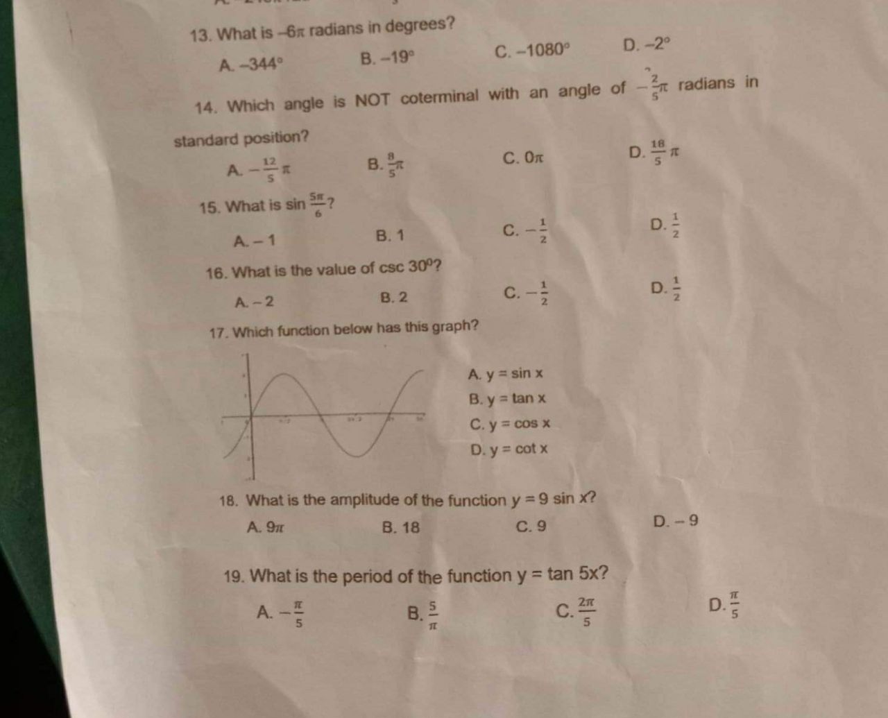 what is the value of the cosine function at that point? A.