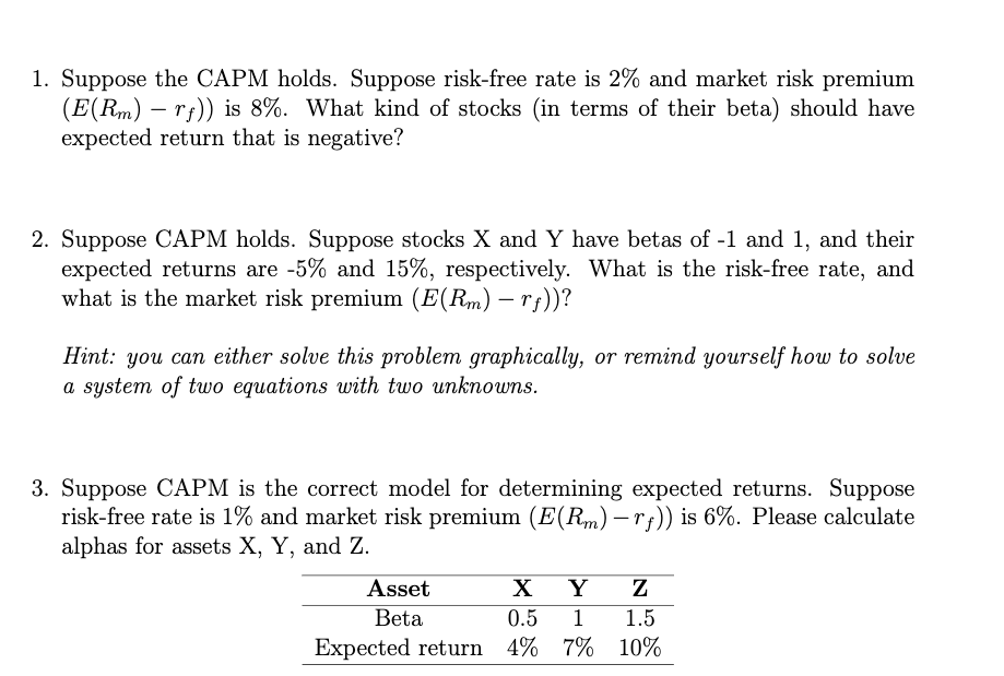 the CAPM holds. Suppose risk-free rate is 2% and market risk premium