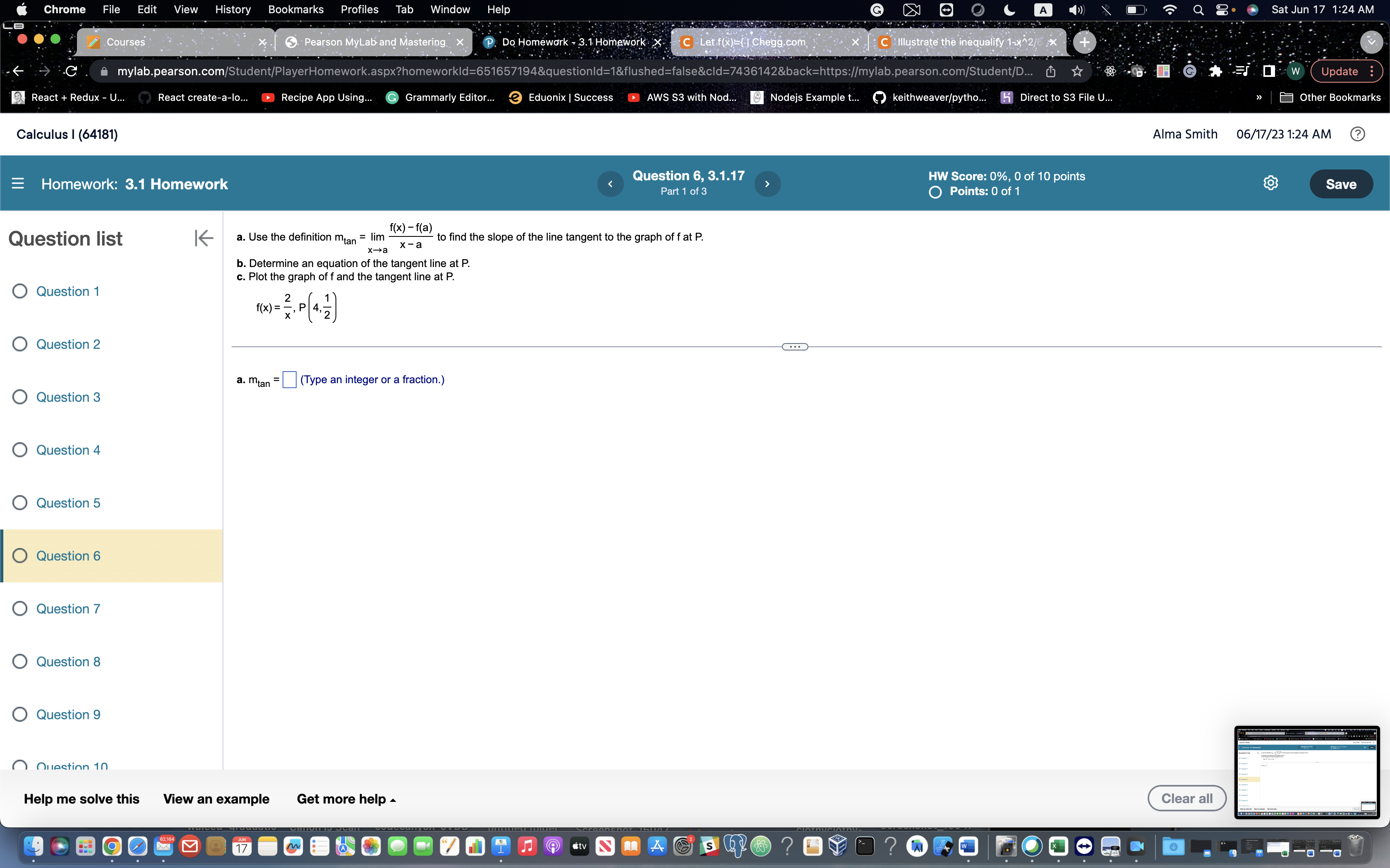 an equation of the tangent line at P. Question 1 f (