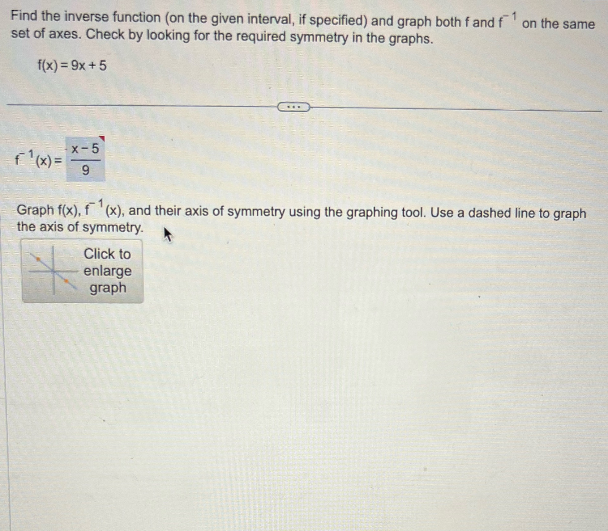 provide graph too thanks Find the inverse function (on the given interval,