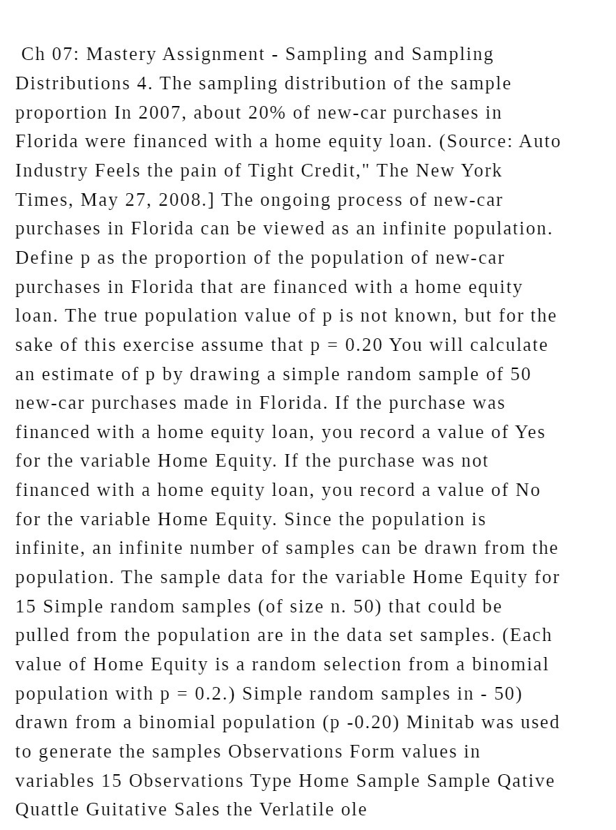  Ch 0?: Mastery Assignment - Sampling and Sampling Distributions 4. The