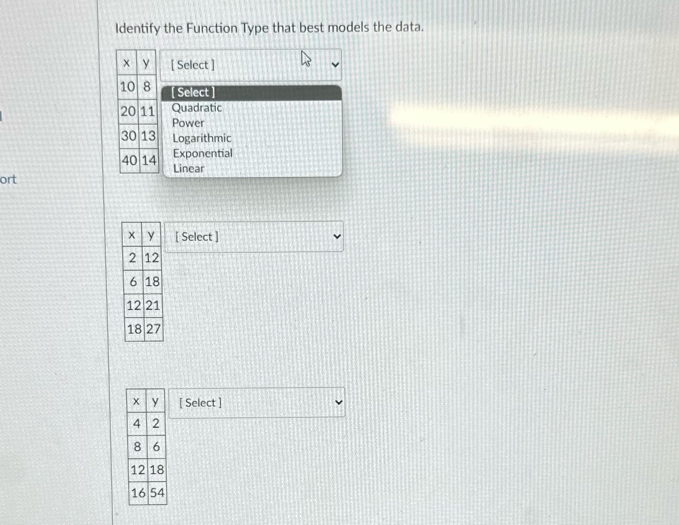  Identify the Function Type that best models the data. X V