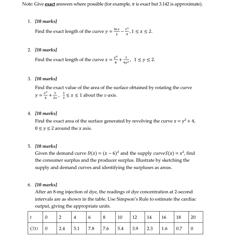 Note: Give exact answers where possible (for example, n is exact