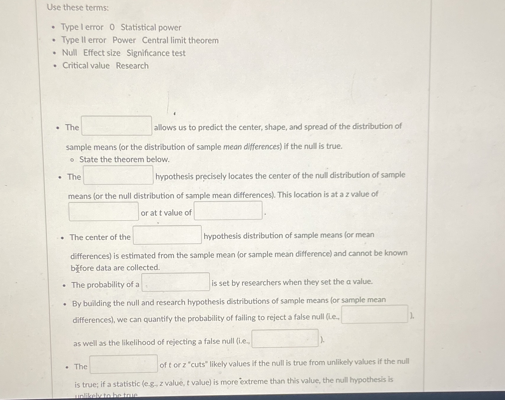 Type II error Power Central limit theorem . Null Effect size Significance