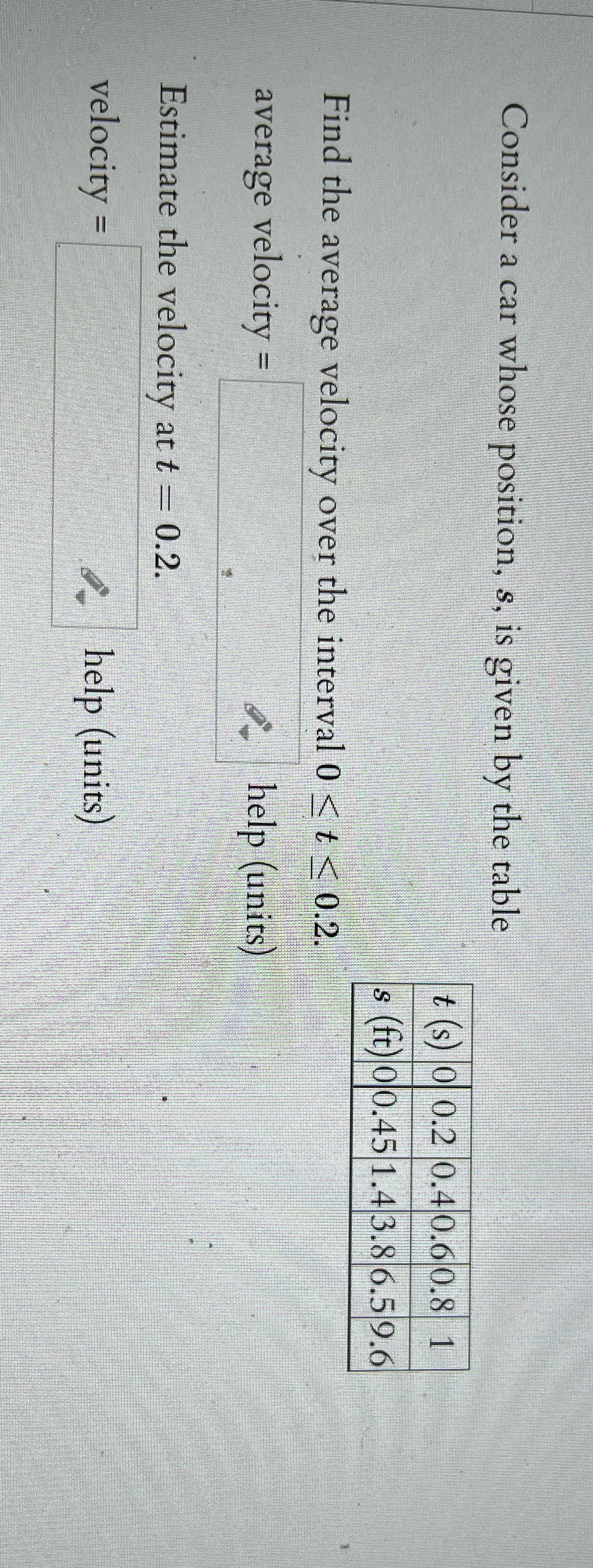 Consider a car whose position, s, is given by the table