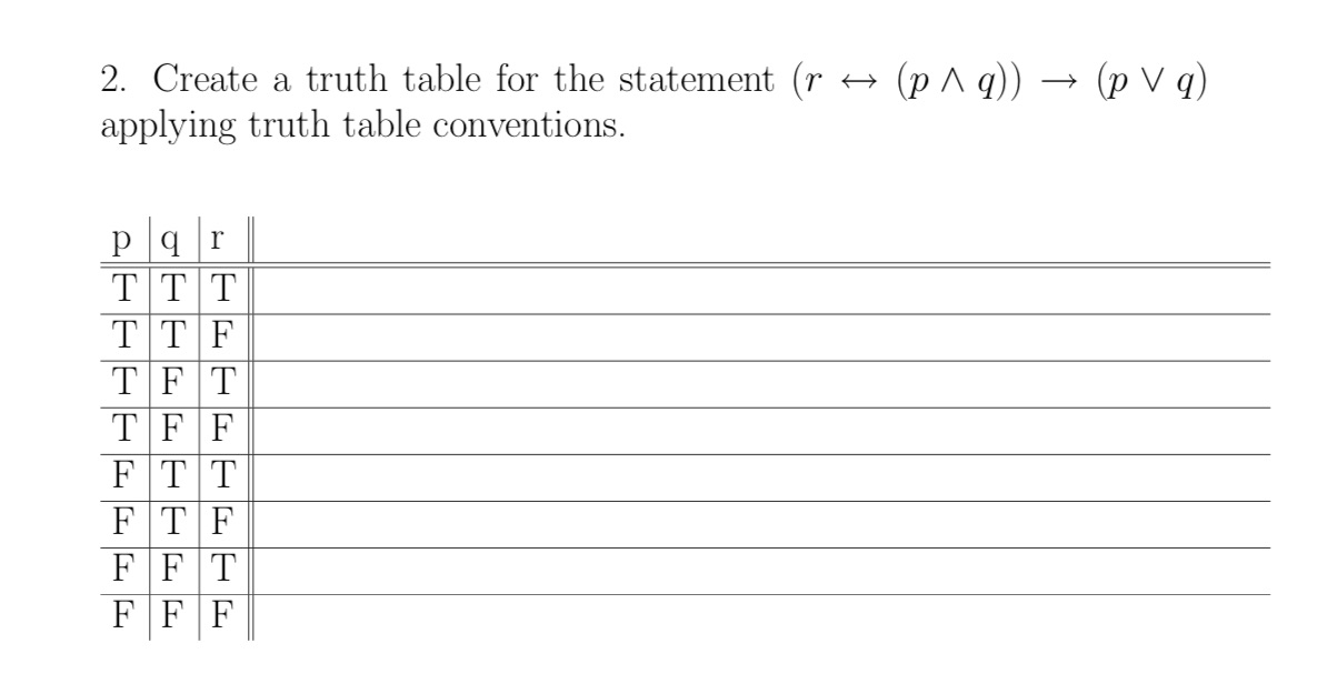  2. Create a truth table for the statement (r -> (p