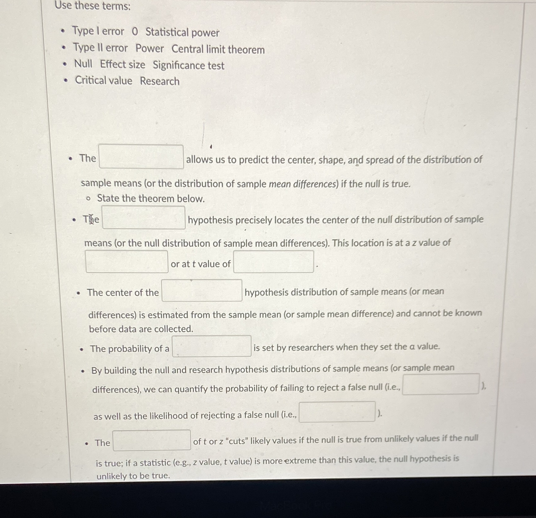 Type II error Power Central limit theorem . Null Effect size Significance