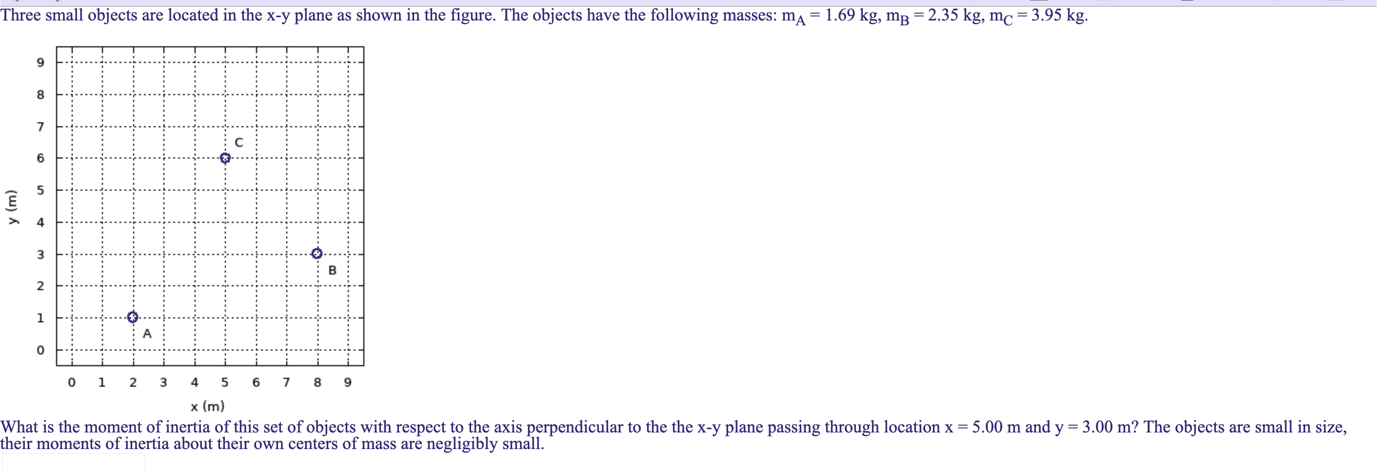  Three small objects are located in the x-y plane as shown