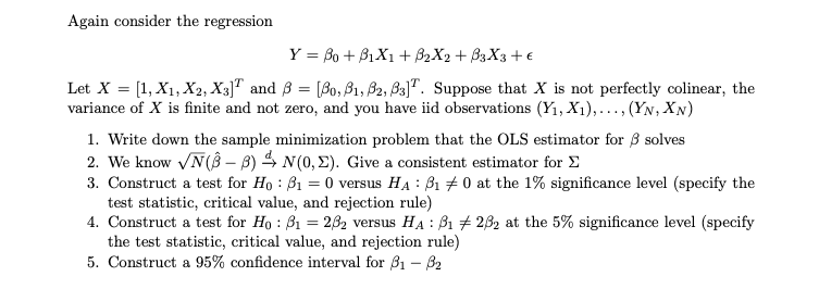 Homework problem. Again consider the regression Y = Bo+ BIX1+ 82X2 +