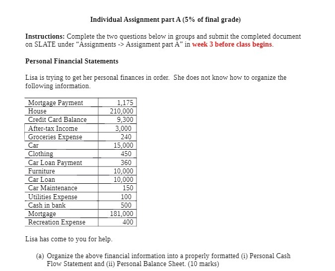 Individual Assignment part A (5% of final grade) Instructions: Complete the