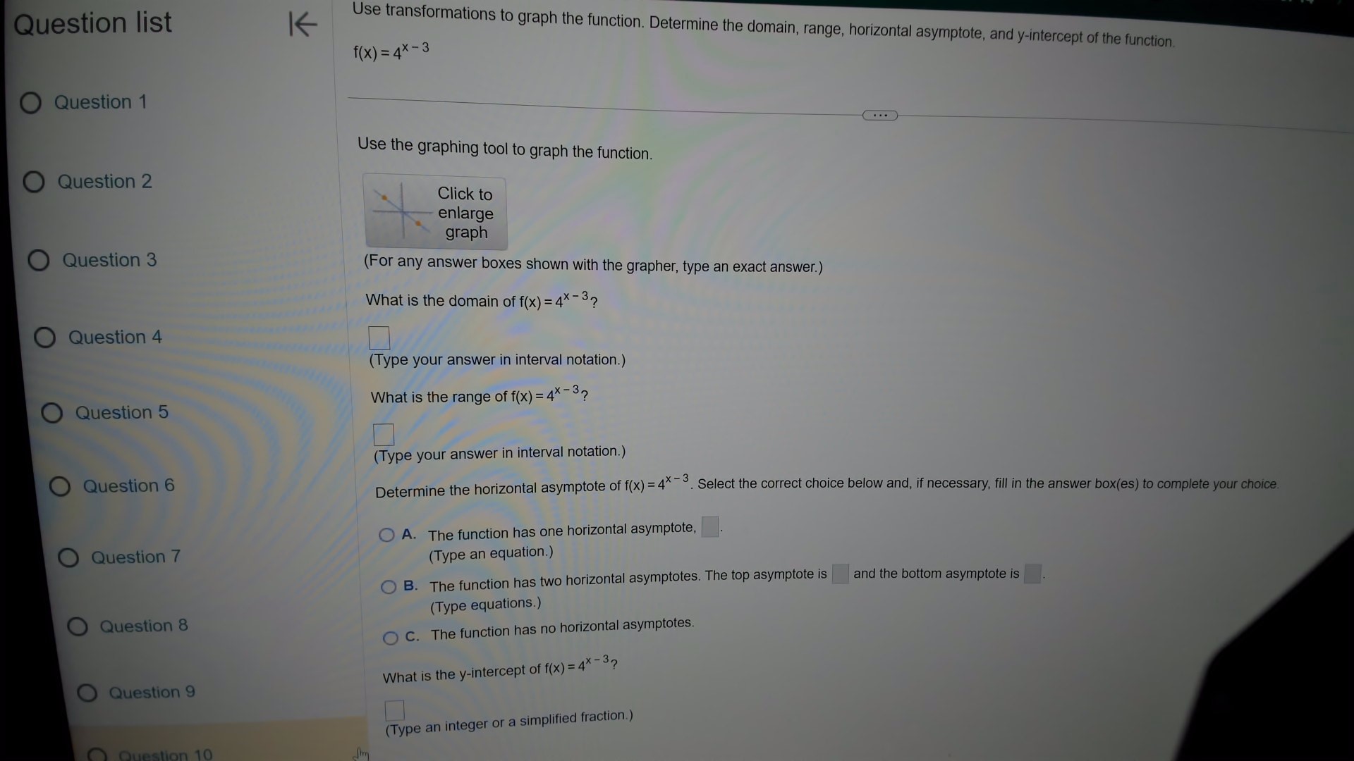 domain, range, horizontal asymptote, and y-intercept of the function. f( x )