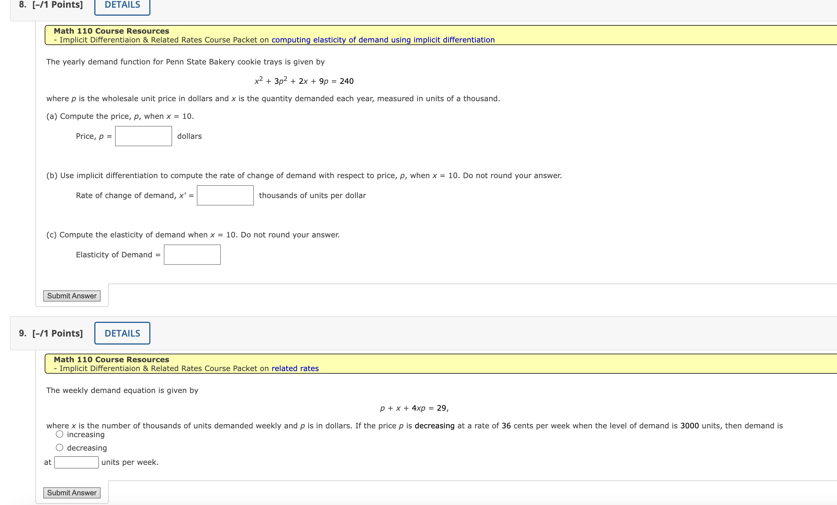 X Submit Answer 2. [-11 Points] DETAILS Math 110 Course Resources -